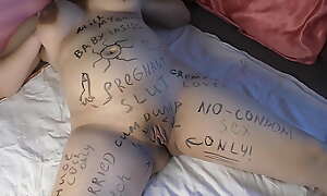 Hottie big boobed  pregnant teen girl get covered in dirty body writings! - Milky Mari