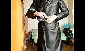 trying on leather coat